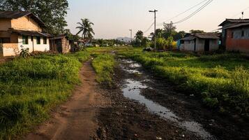 rural village with overgrown vegetation and muddy paths, highlighting environmental issues photo