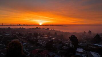 stunning sunrise over city shrouded in fog, showcasing vibrant orange hues photo