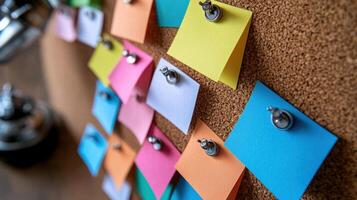 A cork board with many post it notes attached to it photo