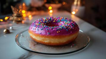 colorful doughnut topped with sprinkles on glass plate, surrounded by warm lights photo