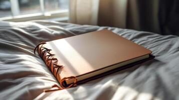 A leather book on a bed with sunlight shining through the window photo