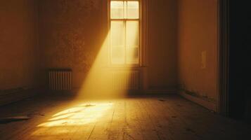 sunbeam illuminates empty room with warm tones and soft light photo