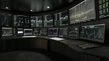 A room with multiple monitors and a computer photo