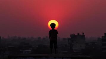 child standing on rooftop, gazing at vibrant sunset photo