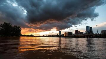city skyline partially submerged in floodwaters under dark clouds photo