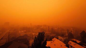 city covered in smog, polluted air, and orange tint creates surreal atmosphere photo
