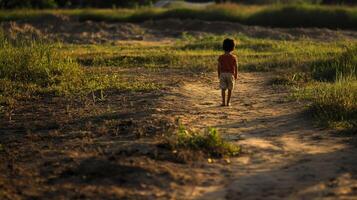 A young boy walking alone in the middle of a field photo