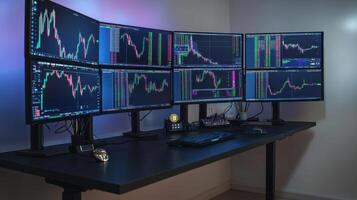 A desk with four monitors and a keyboard photo