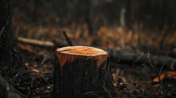 tree stump in deforested area, surrounded by burnt vegetation and debris photo