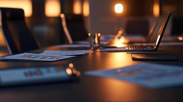 business meeting table with financial charts and documents at sunset photo