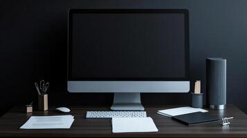 modern corporate office desk featuring computer, documents, and stationery photo