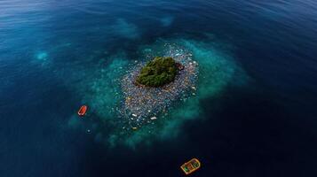 lonely island surrounded by plastic waste in ocean, highlighting pollution photo