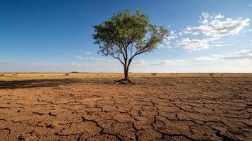 lone tree stands in barren wasteland with cracked earth under blue sky photo