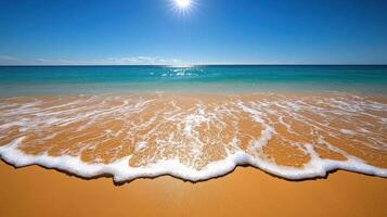 bright beach scene with golden sand and turquoise water under sunny sky photo