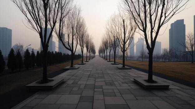 serene urban park with bare trees lining pathway, creating tranquil atmosphere photo