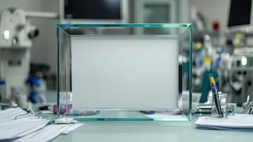 contemporary glass frame on cluttered desk in modern workspace photo