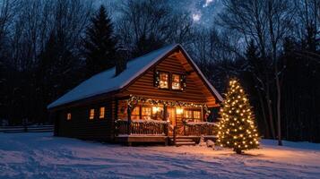 cozy winter cabin adorned with lights and Christmas tree in snow photo