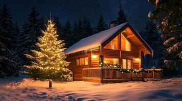 A small cabin in the woods with a christmas tree photo