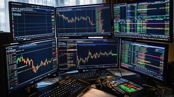 Four monitors with different types of trading screens photo
