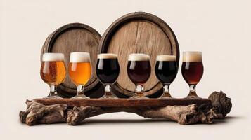 Craft brewery with wooden barrels and various beer styles displayed photo