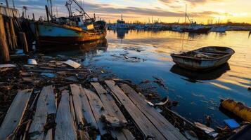 Abandoned boats and debris on dock at sunset, reflecting on water photo