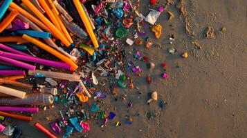 A pile of colorful pencils on the beach photo