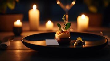 beautifully plated dessert on dark table with candles photo
