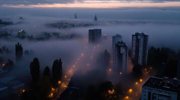 Foggy cityscape at dusk with buildings and trees photo