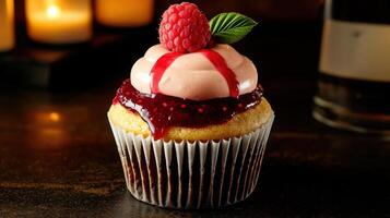 A cupcake with raspberry filling and a raspberry leaf on top photo