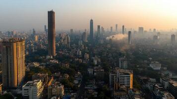 A city skyline with tall buildings and trees photo