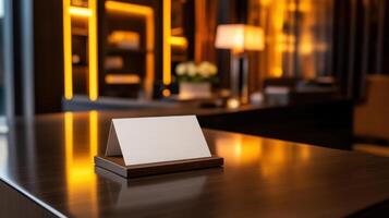 luxury hotel business card on wooden desk in stylish lobby photo