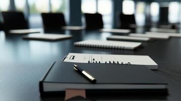 Organized notebooks and pen on corporate meeting room table photo