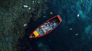 An aerial view of a boat floating in the ocean photo