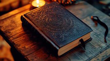 beautifully bound ancient book with intricate designs cover, resting wooden table beside candle photo