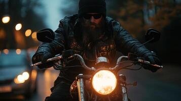 Revving motorcycle in quiet street at dusk, biker exudes confidence photo