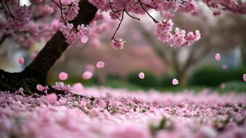 cherry blossom tree in full bloom, with delicate pink petals falling gracefully photo