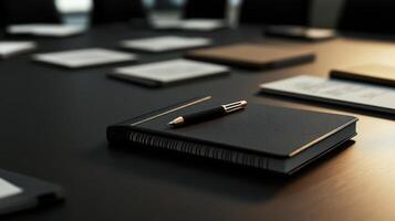 corporate meeting room with organized notebooks and pen on table photo