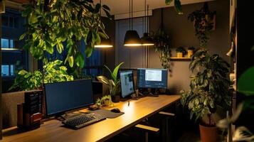 cozy office space with soft overhead lighting and lush plants creates serene atmosphere photo