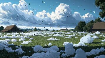 countryside landscape with sudden hailstorm, showcasing dramatic clouds and scattered hail photo
