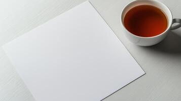 A cup of tea and a blank paper on a white table photo