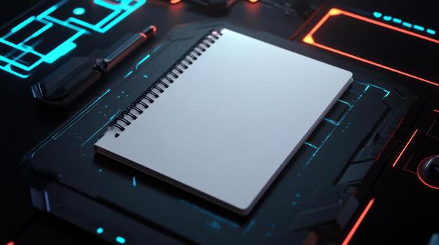A notebook with a pen and a computer on a table photo