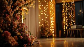 A wedding reception with flowers and lights photo