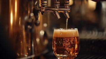 bartender pours beer from tap into glass, creating frothy head photo