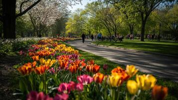 vibrant spring day in city park with colorful tulips and people walking photo