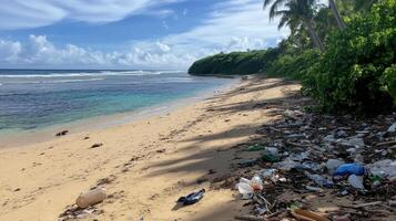 beach littered with trash and plastics, highlighting environmental issues photo