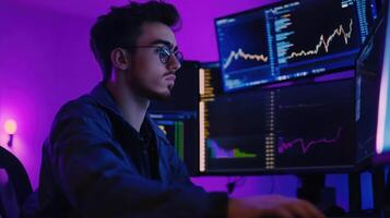 A man in glasses is working on a computer screen photo
