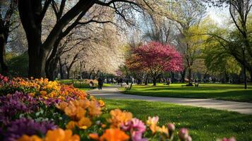 vibrant spring day in city park with blooming flowers and trees photo