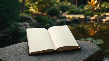 An open book on a stone table in the garden photo