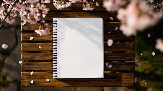Blank notebook on wooden table with cherry blossom photo