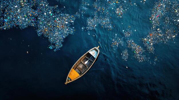 A boat floating in the ocean surrounded by plastic photo